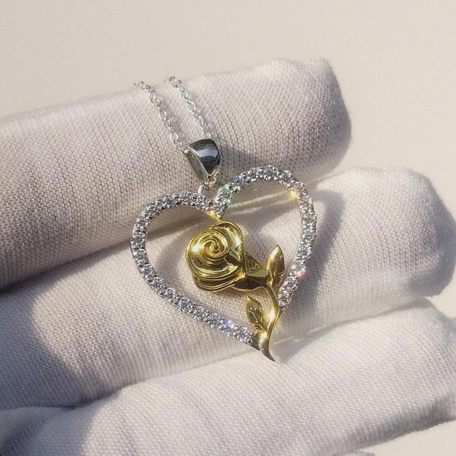 1 Ct Lab Created Round Moissanite Rose In Heart Pendant 14K Two Tone Gold Plated