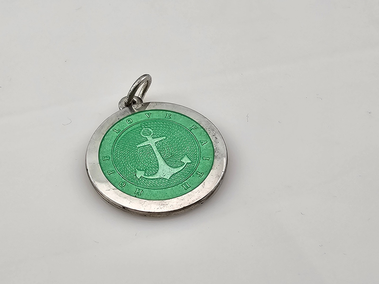 Anchor Hope Love Faith Green Enamel 925 Sterling Silver Medal Pendant 27mm