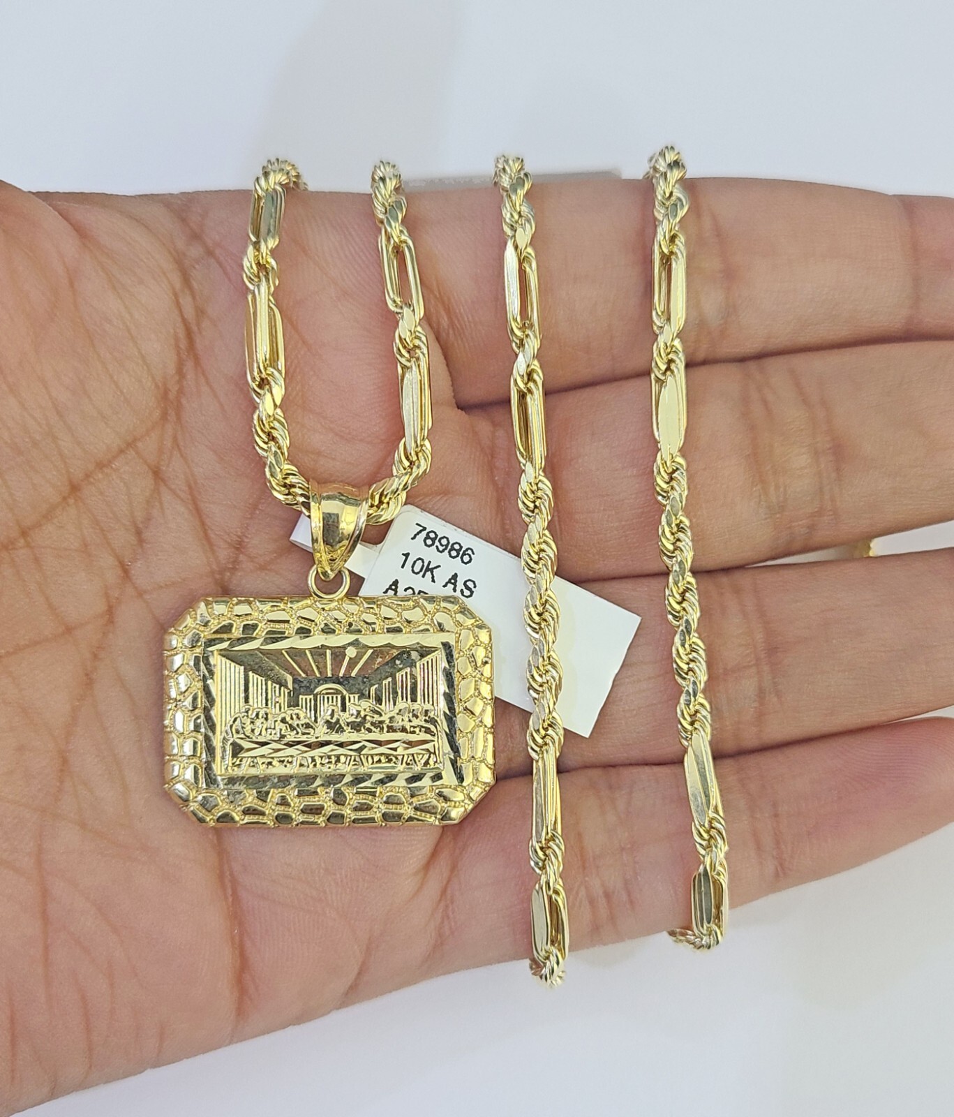 10k Milano Rope Chain Last Supper Charm Necklace SET 3mm 18″ 20″ 22″ 24″