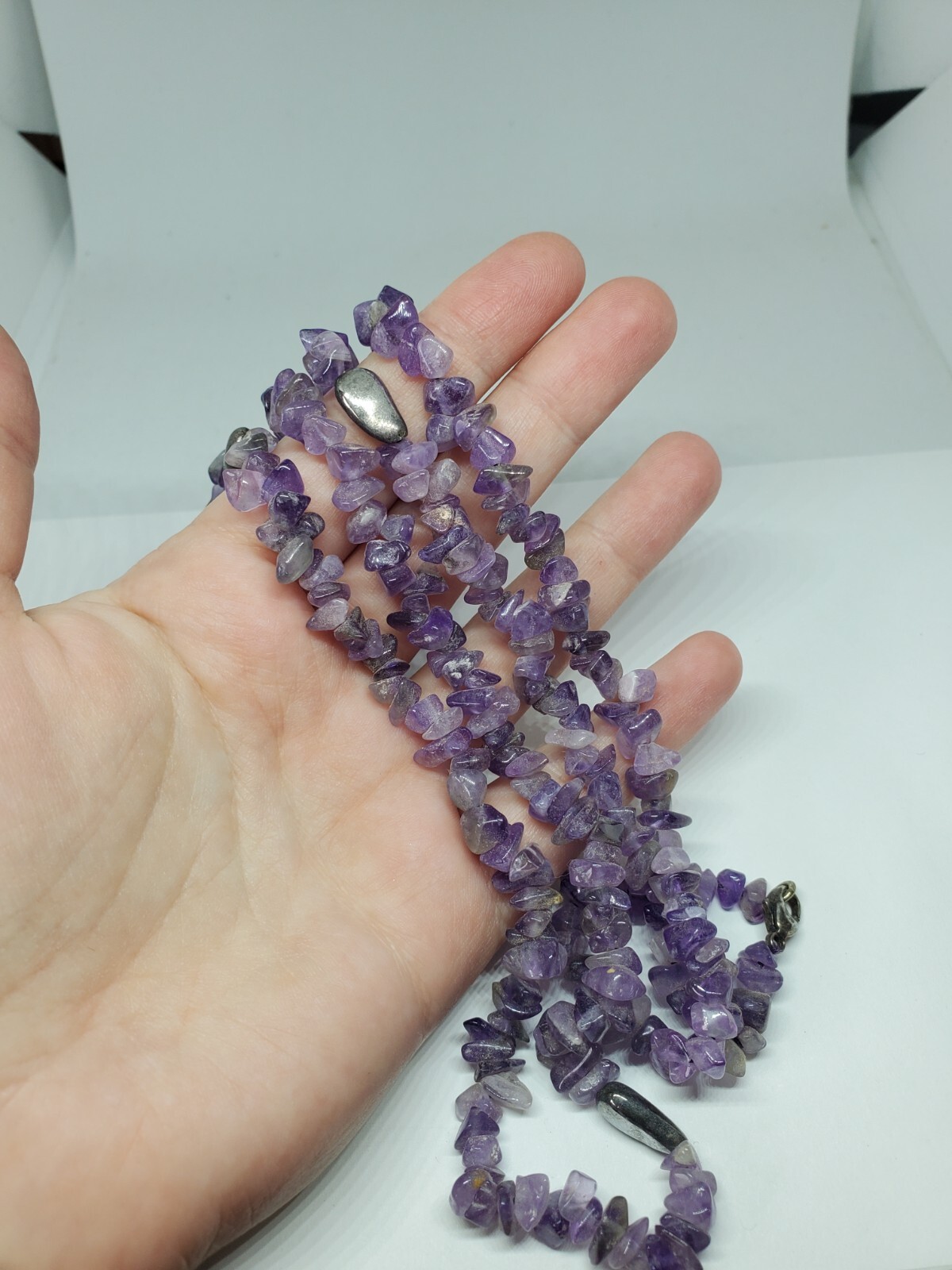 Amethyst Chip Asymmetrical Sterling Silver Long Beaded Necklace 40″