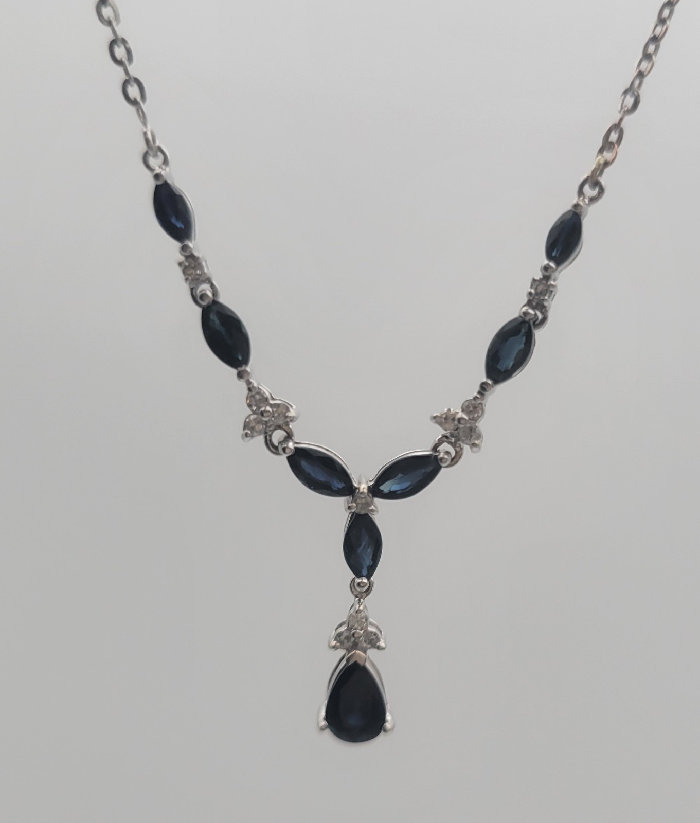 THL 14K White Gold Genuine Blue Sapphire & Diamond Necklace 16″