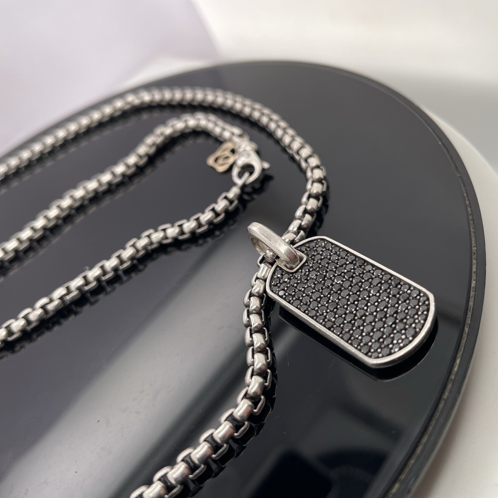 David Yurman Silver Black Diamonds Chevron Tag Pendant Necklace $2600 / 27mm