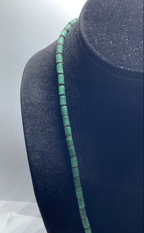 925 Sterling Silver Malachite Beaded Necklace 19.5″ Green Cylinder Beads 24g