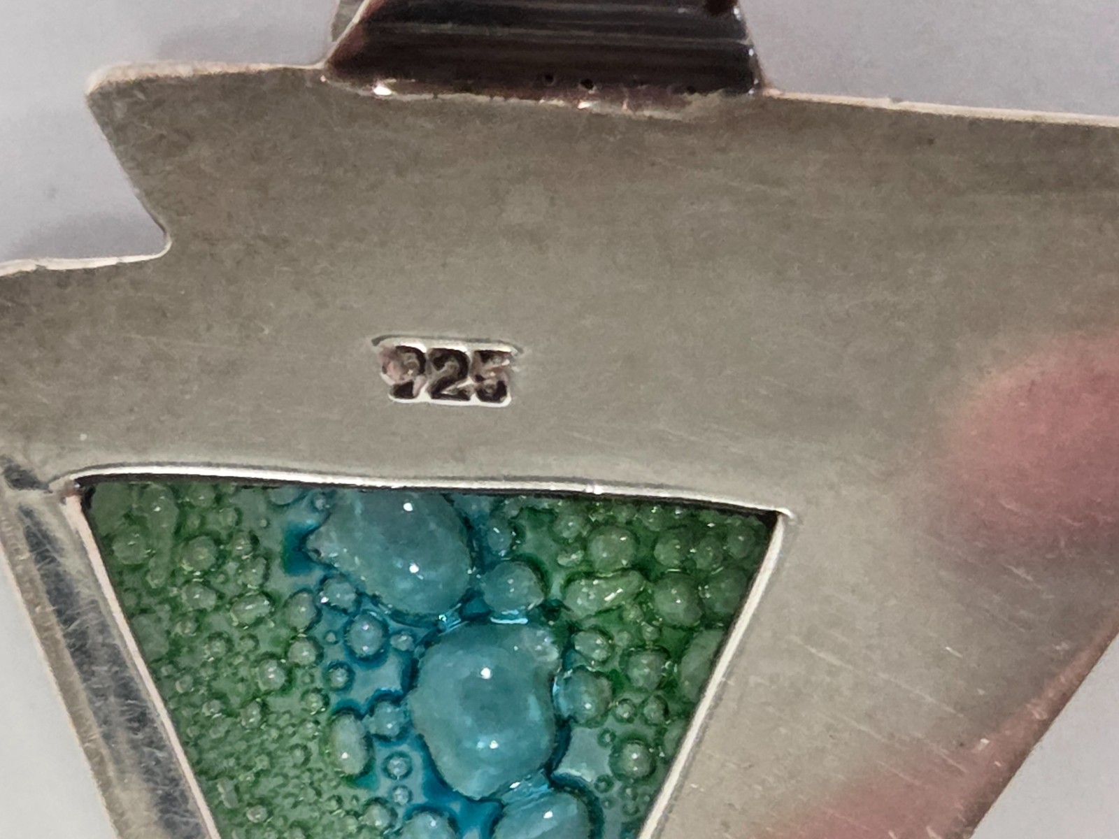 Dichroic Glass Sterling Silver Triangle Pendant Necklace 18″ Green Blue Bubbles