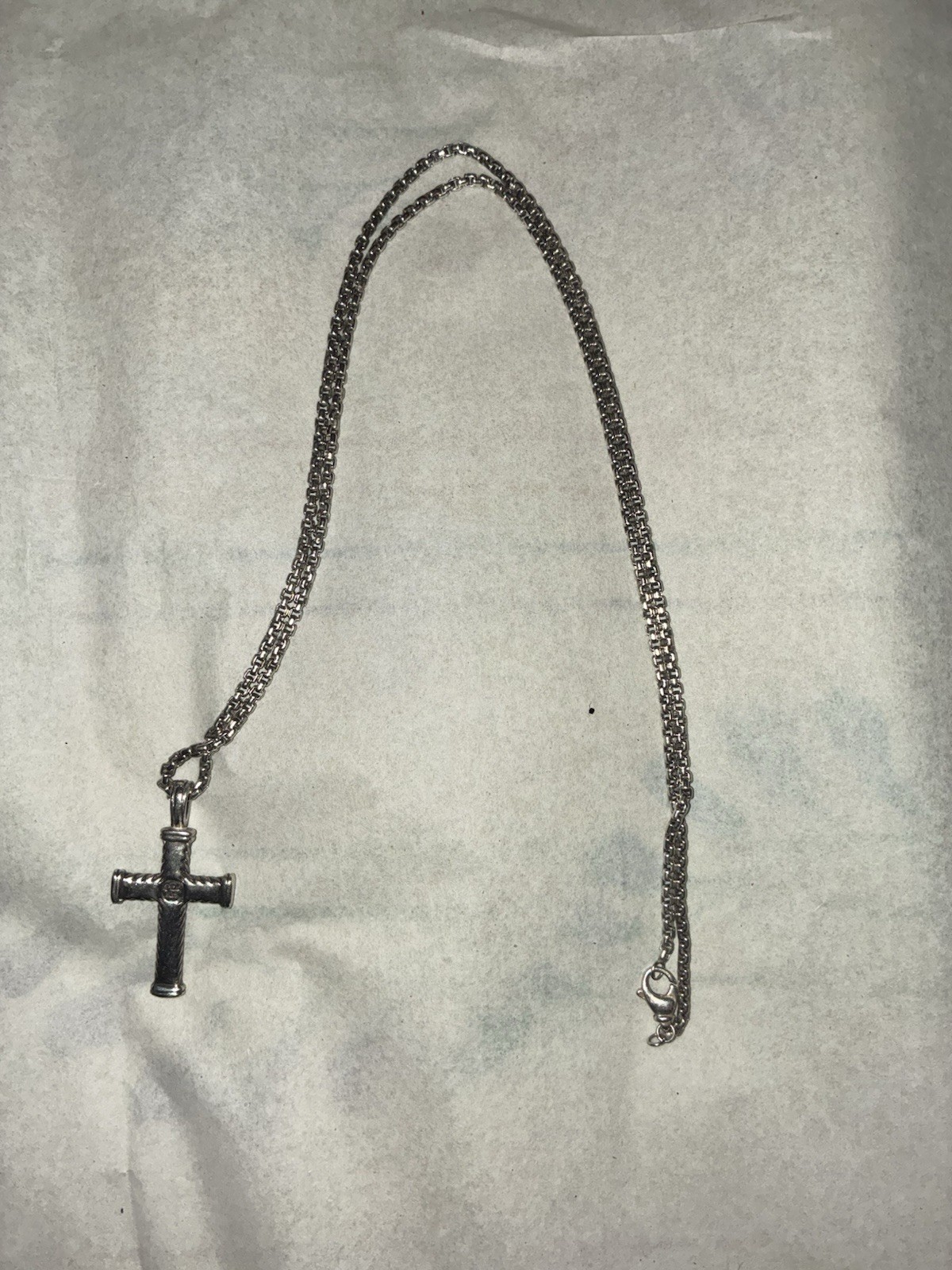 David Yurman 925 Sterling Silver Cross Charm Pendant Box Chain Necklace 2.7mm
