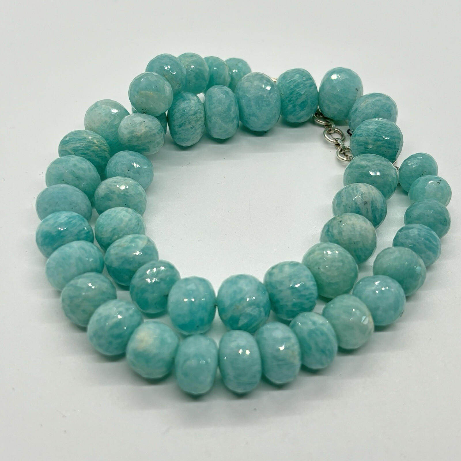 Amazonite Beaded Necklace Natural Gemstone Blue Stone Beads 16” Silver Clasp NEW
