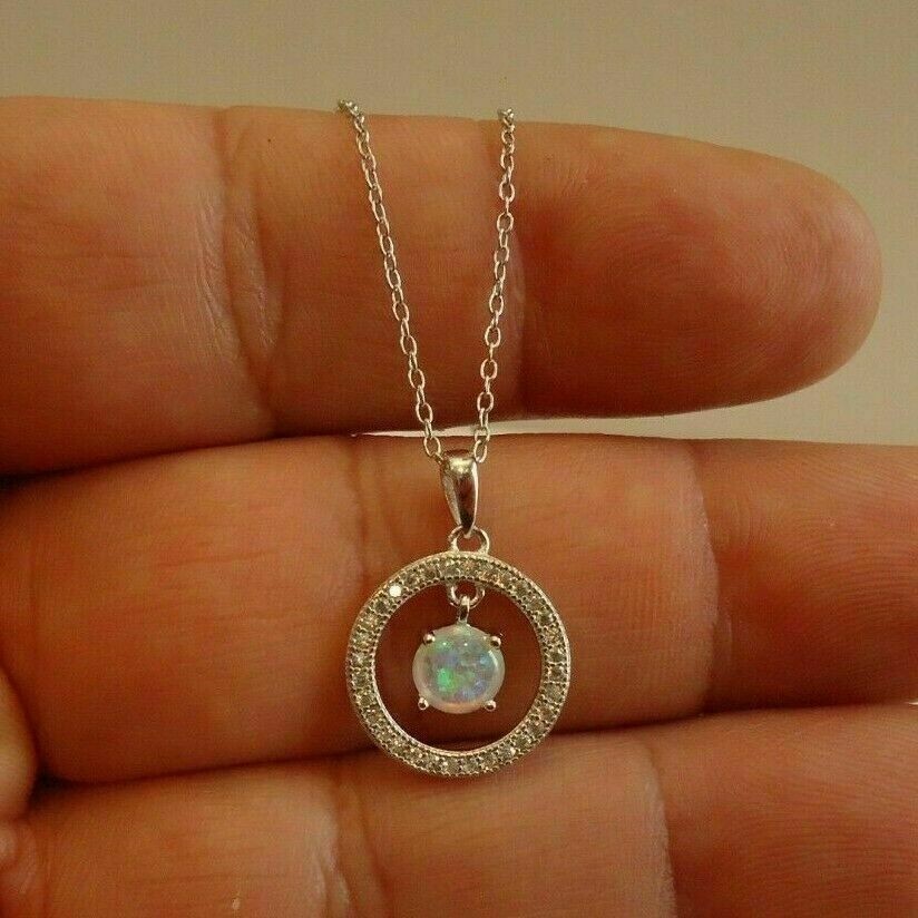 2Ct Round Cut Opal & Moissanite Helo Beauty Pendant 14K White Gold Plated Silver