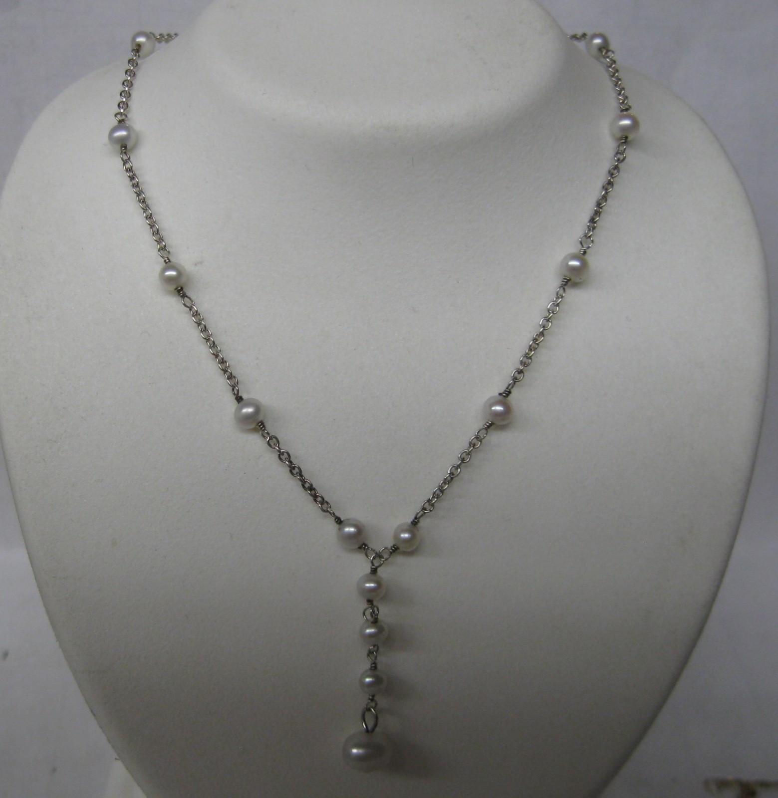 STERLING SILVER 15.25″ PEARL STATION “Y” NECKLACE CHOKER CHAIN