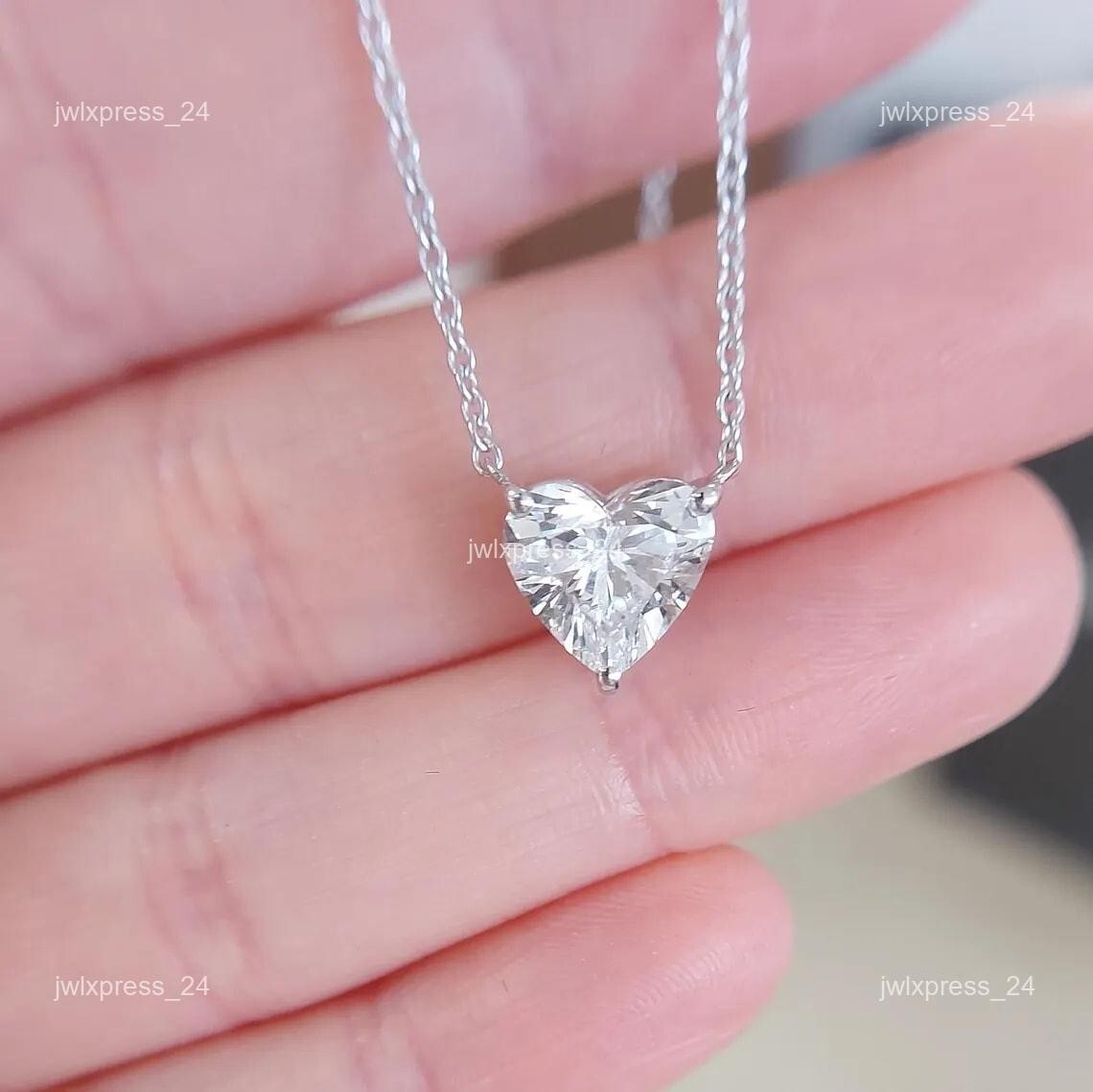 Heart Diamond Prong Resilient Lady April Birthday Pendant 14K Solid White Gold