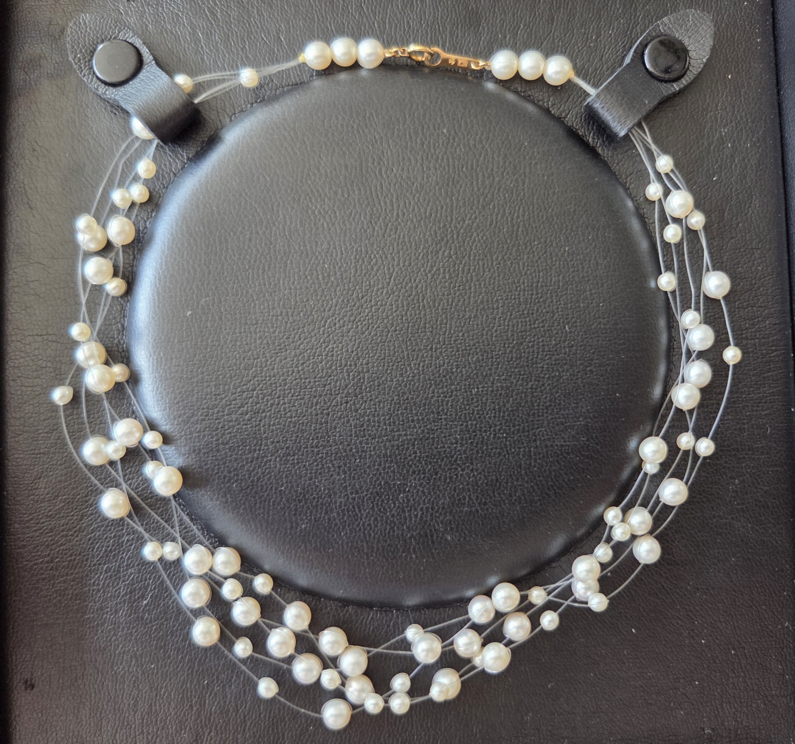 Tasaki Japan 18k YG Yellow Gold Clasp Floating Akoya Pearl Necklace Monofilament
