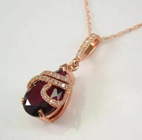 2.30Ct Pear Red Garnet/Diamond Lab Created Women’s Pendant 14K Rose Gold Plated