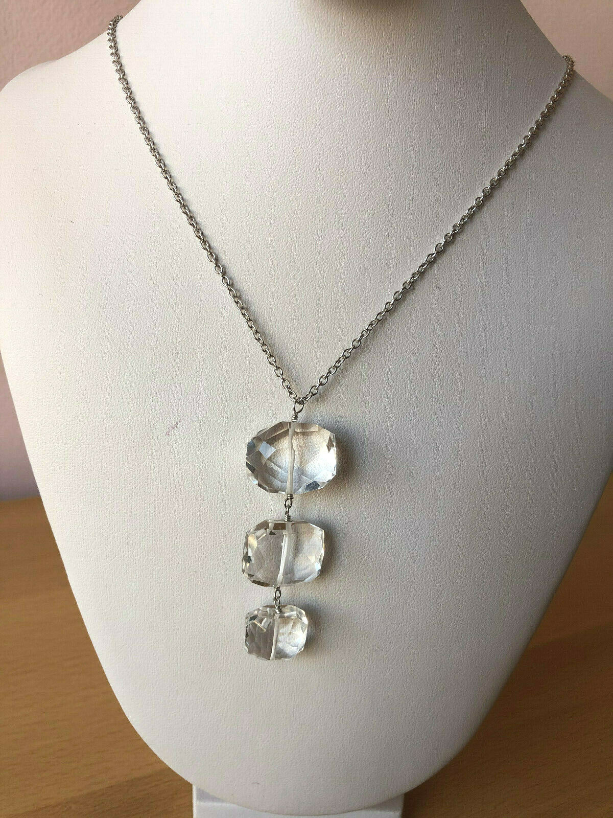 ARTISAN ROCK CRYSTAL CLEAR COLORLESS QUARTZ LONG NECKLACE 925 STERLING DESIGNER