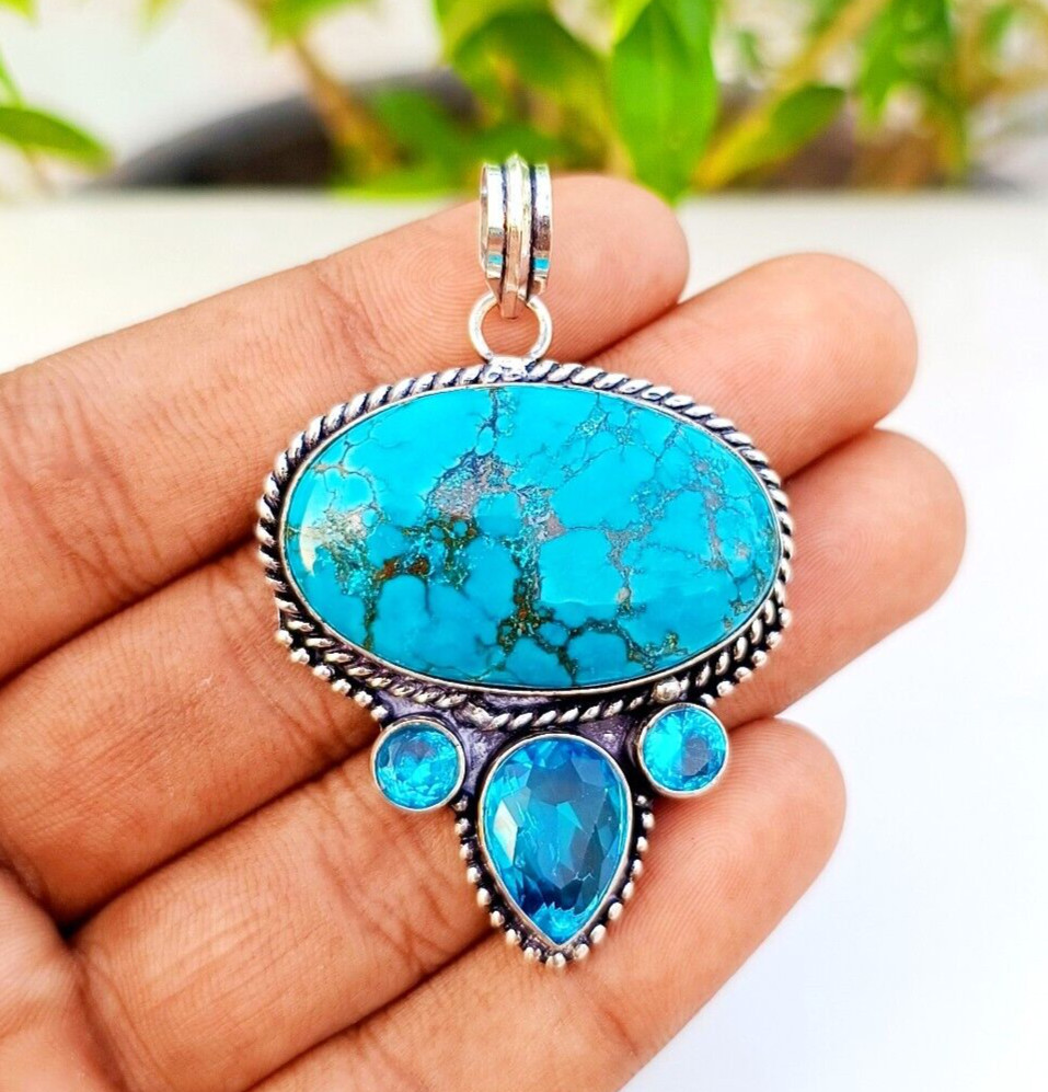 Turquoise With Blue Topaz Gemstone Pendant 925 Sterling Silver Handmade Jewelry