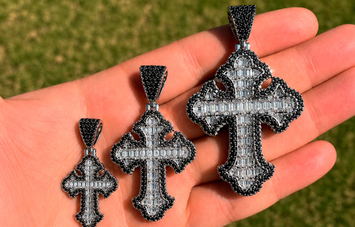 Gothic Cross Pendant Iced Baguette Necklace Black Real 925 Silver – 3 Sizes