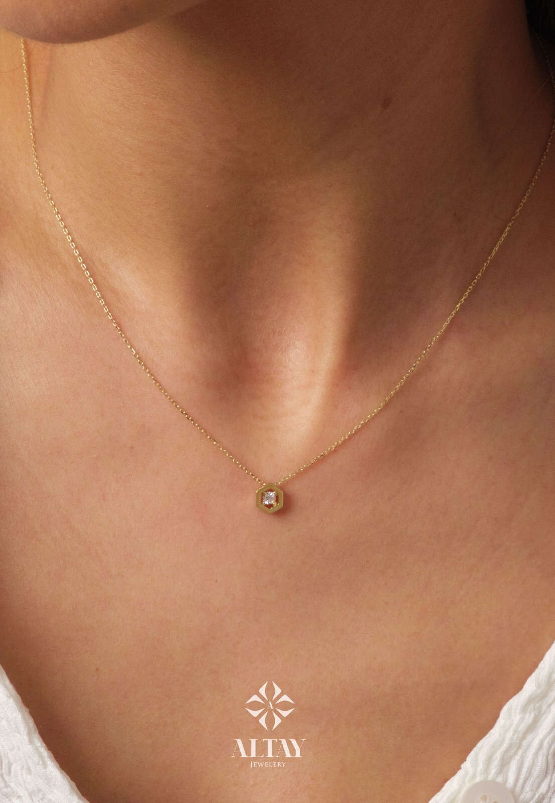 14K Gold Solitaire Necklace, Hexagon Cz Diamond Solitaire Pendant, Layering Gold