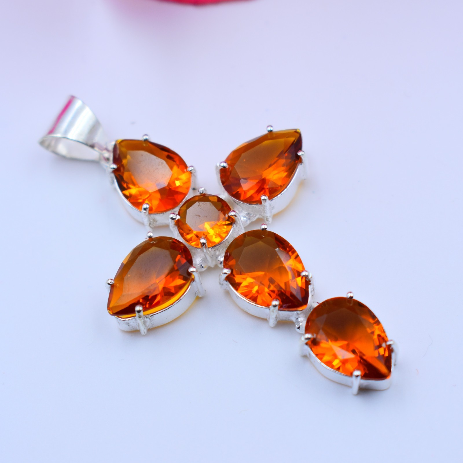 Orange Hessonite Gemstone Handmade 925 Sterling Silver Jewelry Pendant Size-2.5″