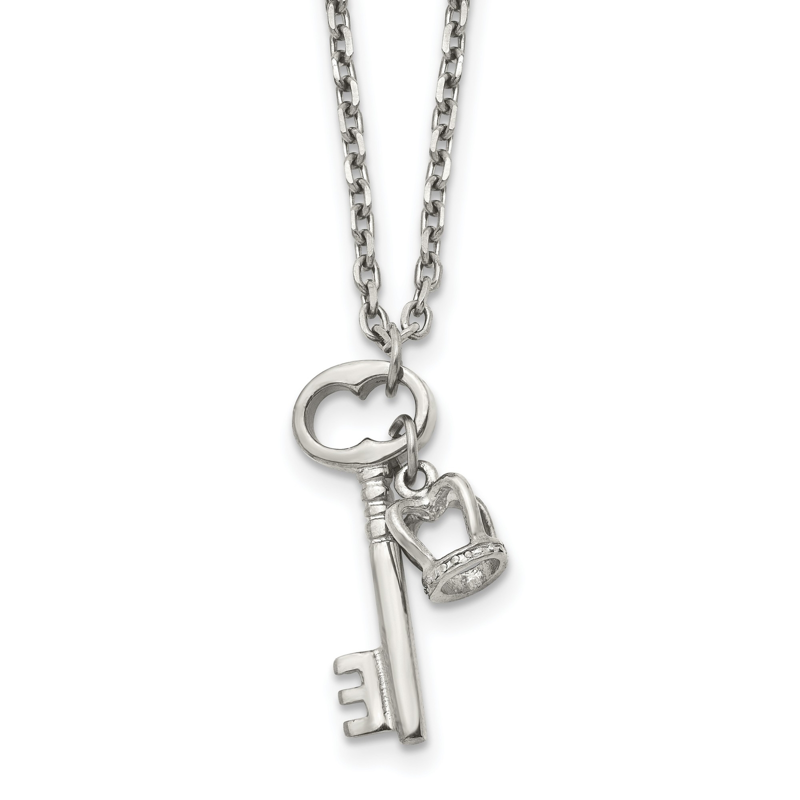 Stainless Steel Key And Crown Charm Pendant 2 Inch Extension Necklace