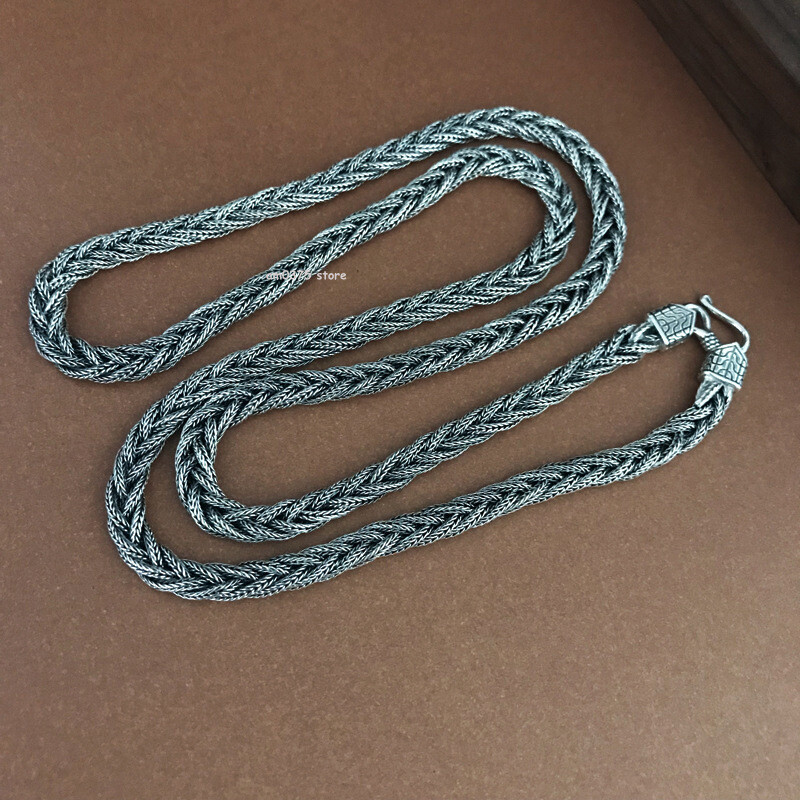 Real S925 Sterling Silver Necklace Women Men 6mm Weave Wheat Link Chain 24inch