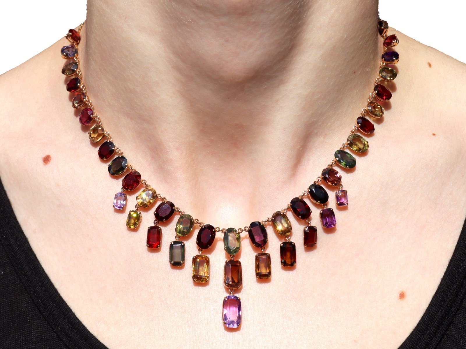60.69Ct Zircon 6.63Ct Amethyst and 0.93Ct Iolite 9k Rose Gold Fringe Necklace