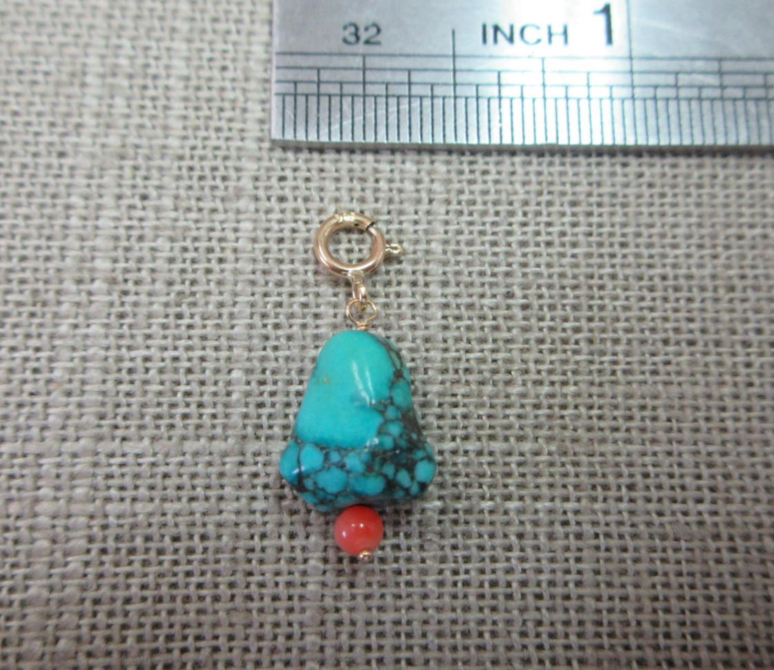 14K Yellow Gold Real Turquoise Coral Charm 1.08 Grams with 5mm 14K Spring Clasp