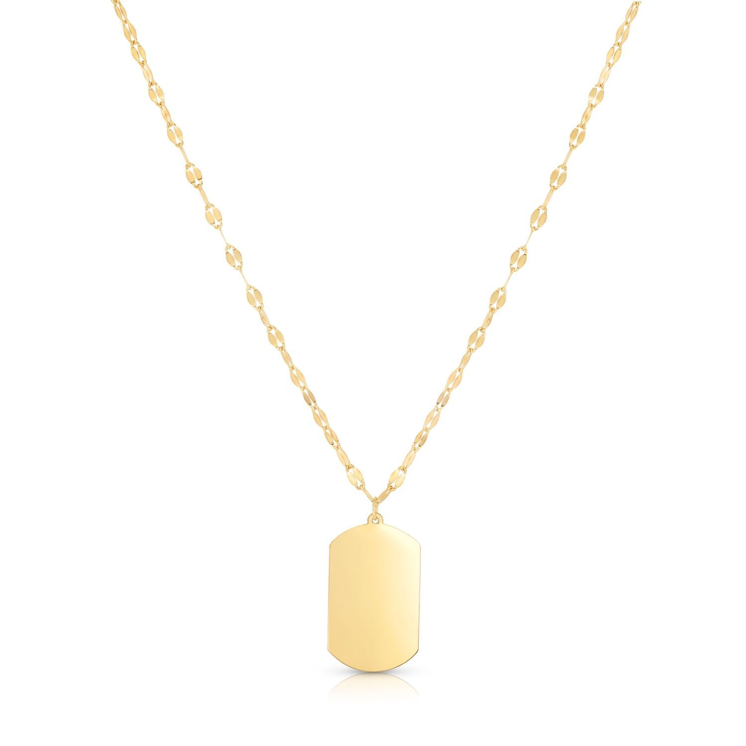 Engravable 14K Yellow Gold Dog Tag Pendant 1.2mm Mirror Chain Necklace 18″