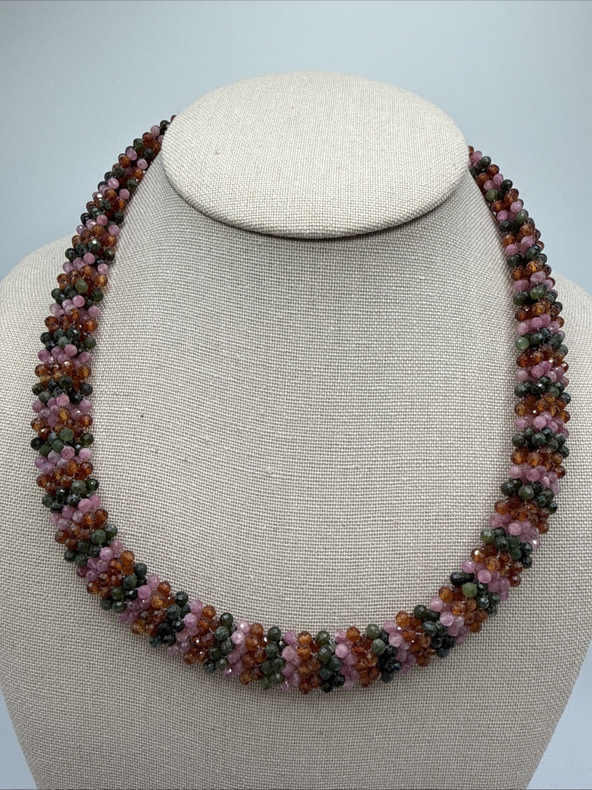 Jay King Pink Tourmaline Hessonite Garnet & Nephrite Jade 925 Woven Necklace