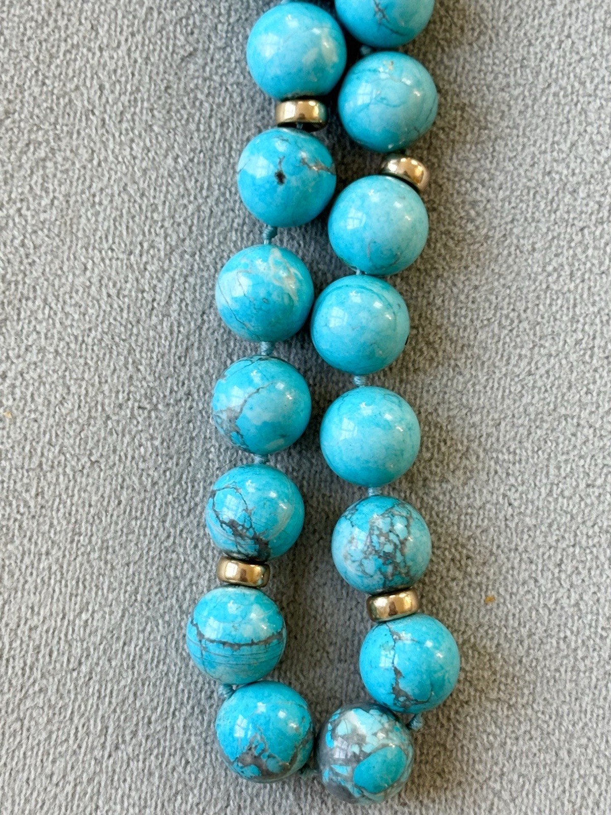Solid 14k Yellow Gold 12mm Round Natural Turquoise Beaded Necklace 33” 159g