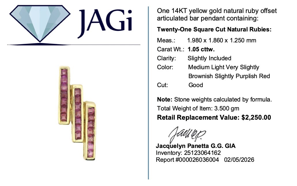 1.05ctw Ruby Offset Articulated Bar Pendant w/o Chain 18k Yellow Gold 3.51 Grams
