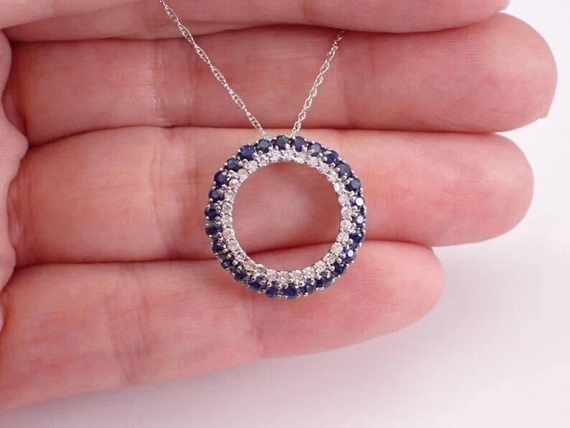 2 Ct Round Cut Lab Created Blue Sapphire Circle Pendant 14K White Gold Plated
