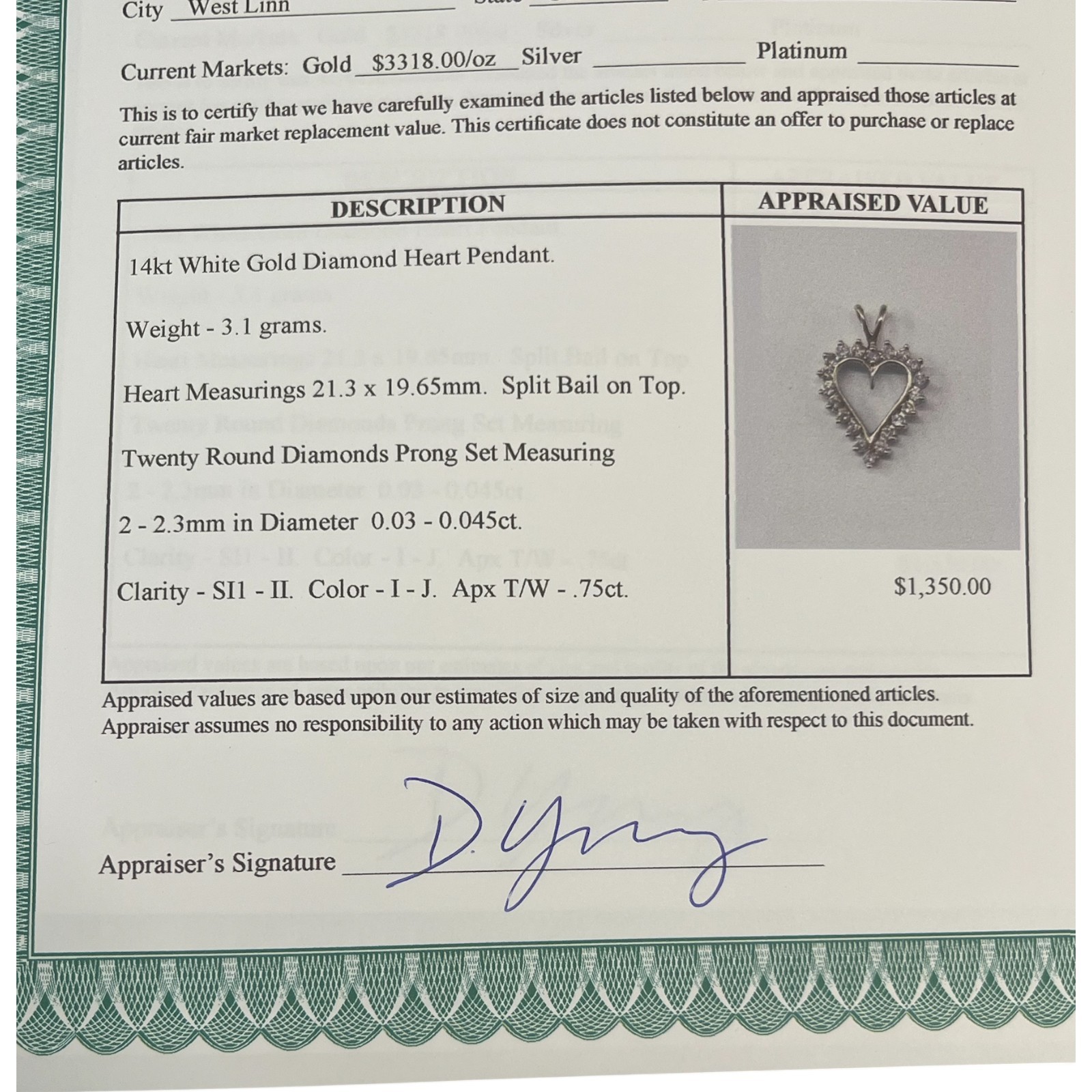 14K White Gold Diamond Open Heart Pendant 0.75 CTW SI1-I1 Estate Jewelry