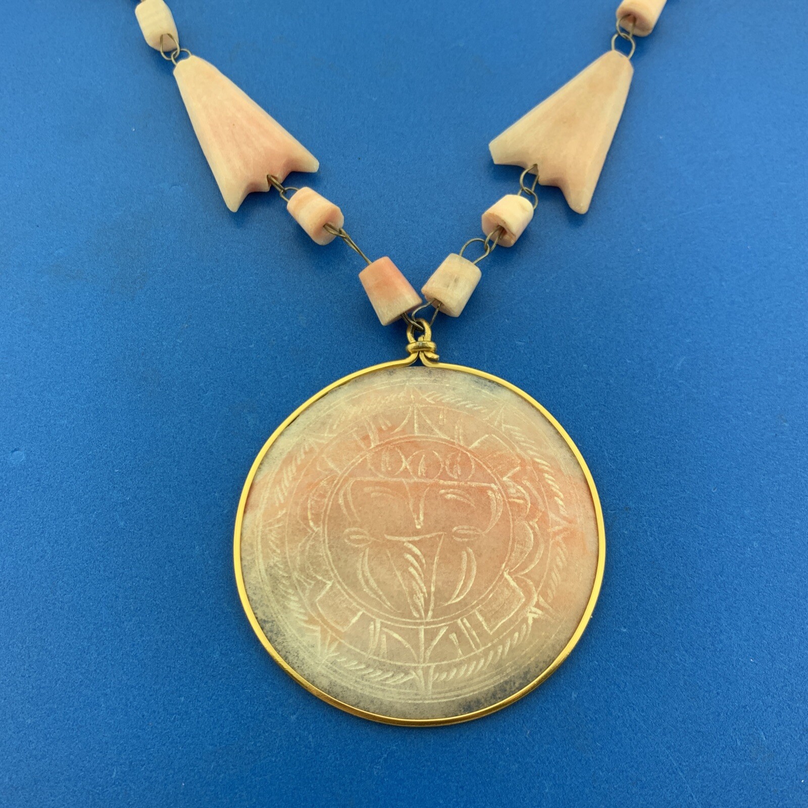 Retro Artisan Two Toned Carved Rose Quartz Beads Medallion Statement Necklace