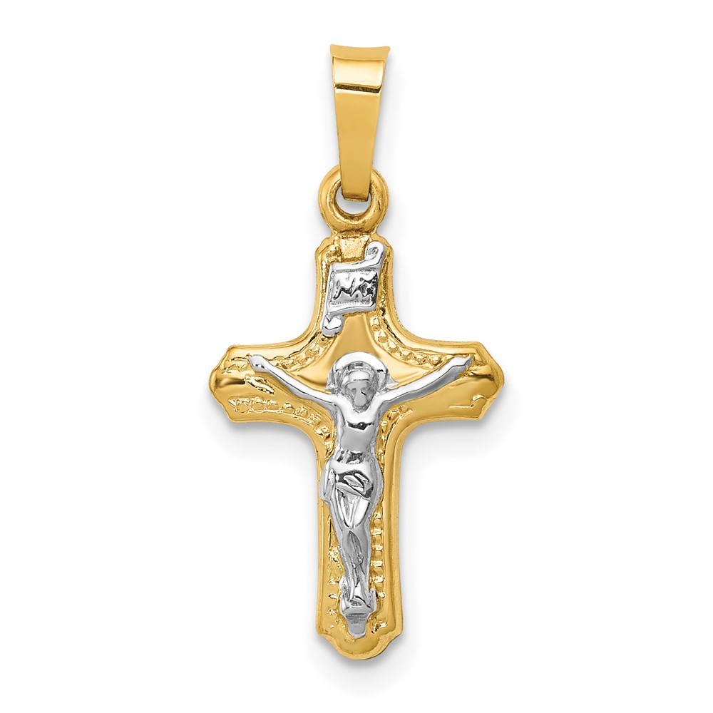 14k Two-tone Gold Polished and Textured INRI Crucifix Pendant L-0.9 Inch