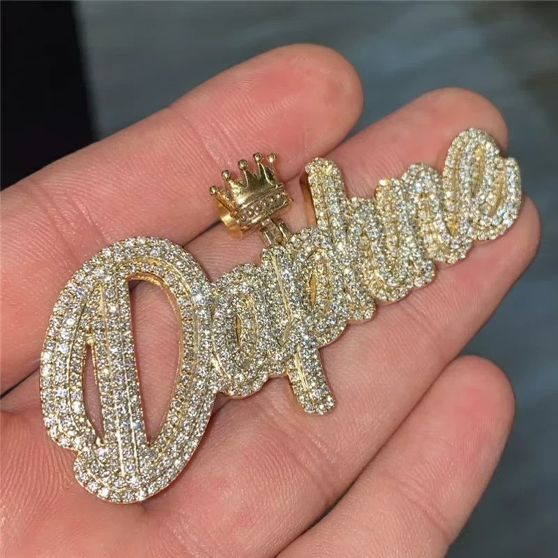 3 Ct Round Real Moissanite Crown Bail Custom Name Pendant 14k Yellow Gold Plated