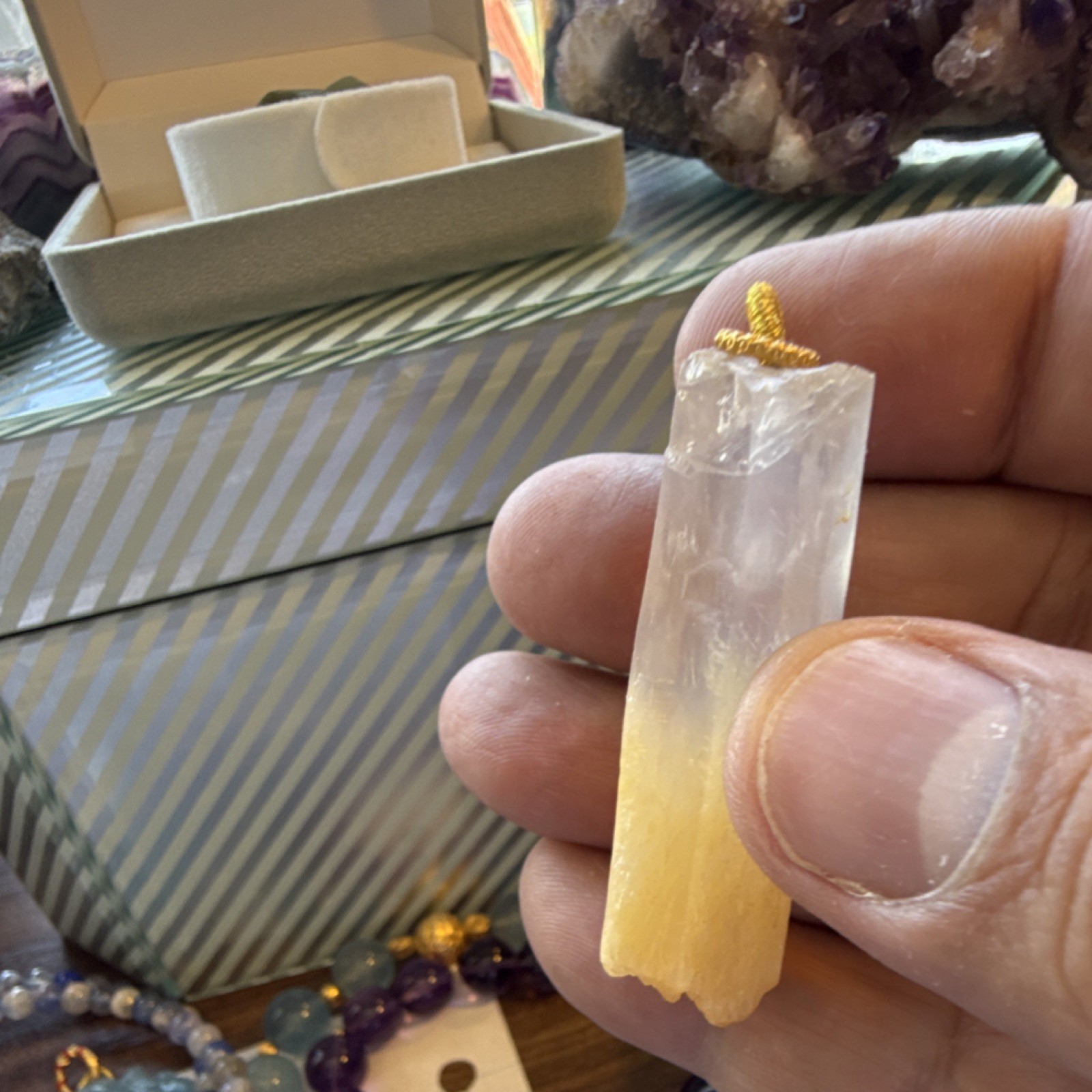Yellow mango quartz & Clear Crystal Point Pendant Specimen w/ 18k Gold bail