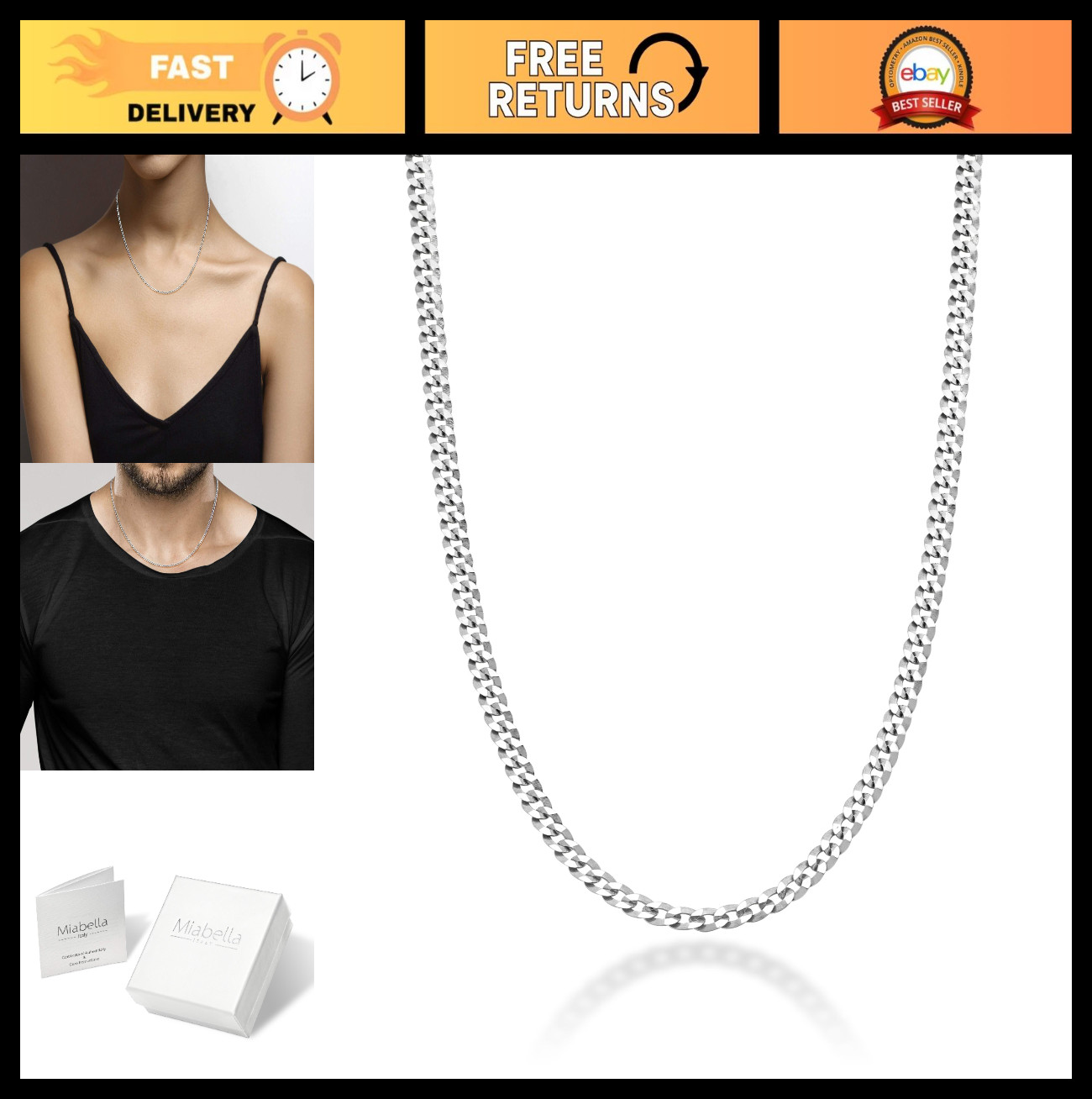 925 Sterling Silver 18K Gold Plated Curb Cuban Link Chain Necklace Made in Italy