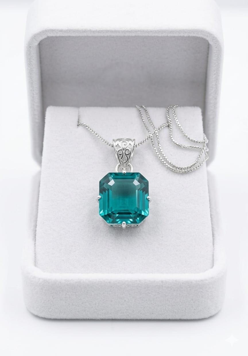 27 Ct Certified Natural Asscher Cut Green Paraiba Tourmaline 925 Silver Pendant