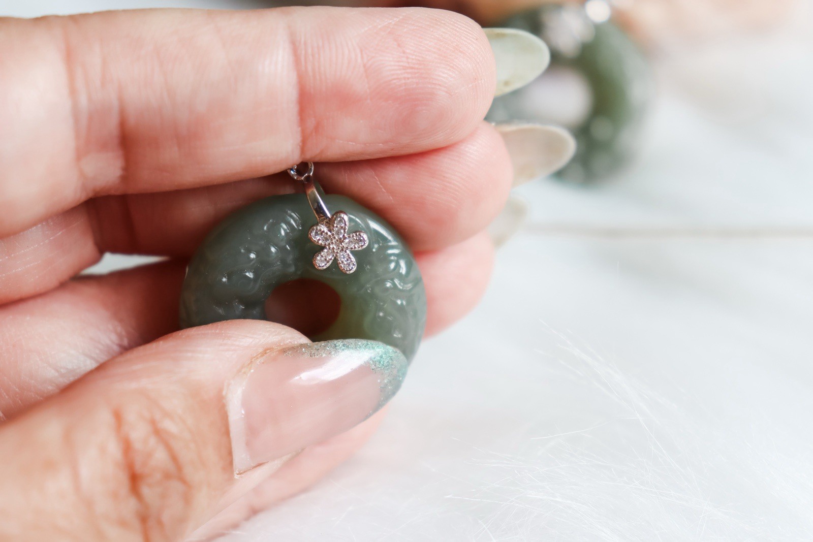 Hetian jade donut Pendant Double pixiu carving S925 Sterling Silver Zircon Clasp