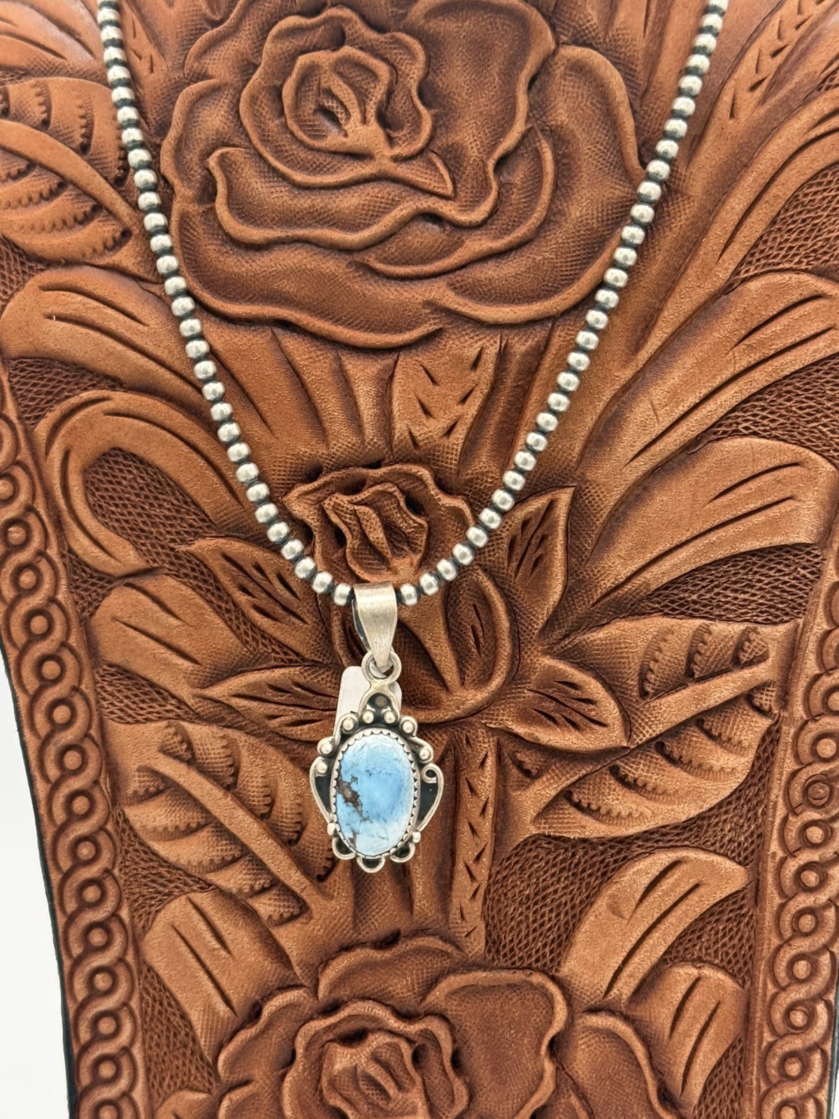 Sterling Silver 3mm Bead Ball Chain With Elegant Golden Hill Turquoise Pendant