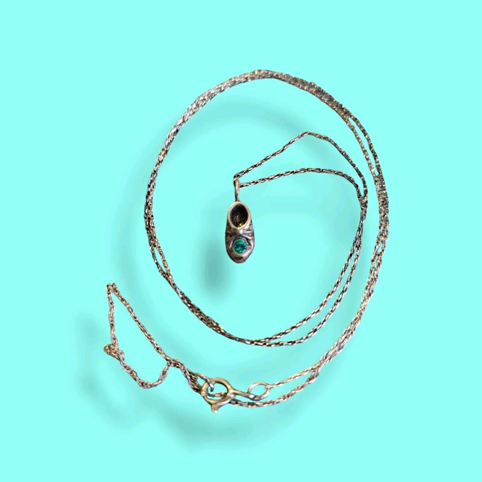 Vintage Sterling Silver Baby Boy Blue CZ Shoe Bootie Necklace 21in Chain