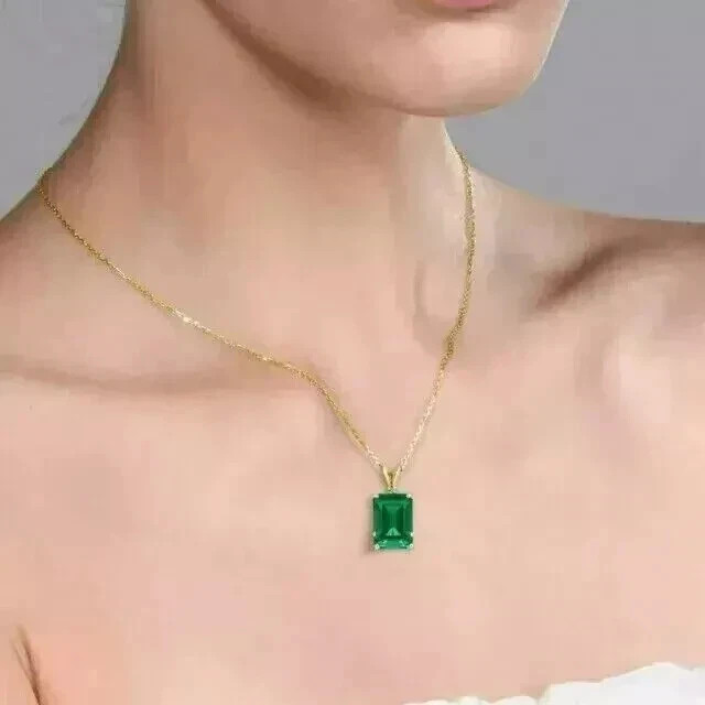 14K Yellow Gold Plated Lab Created Green Emerald Emerald Cut Solitaire Pendant