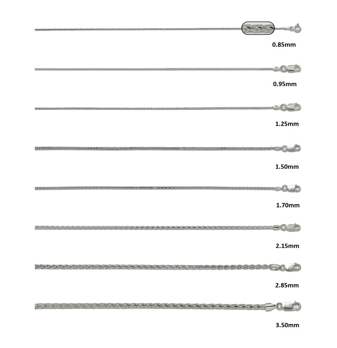 Sterling Silver D/C Round Spiga Chain 16″, 18″, 20″, 24″, 26″, 28″, 30″ Lengths