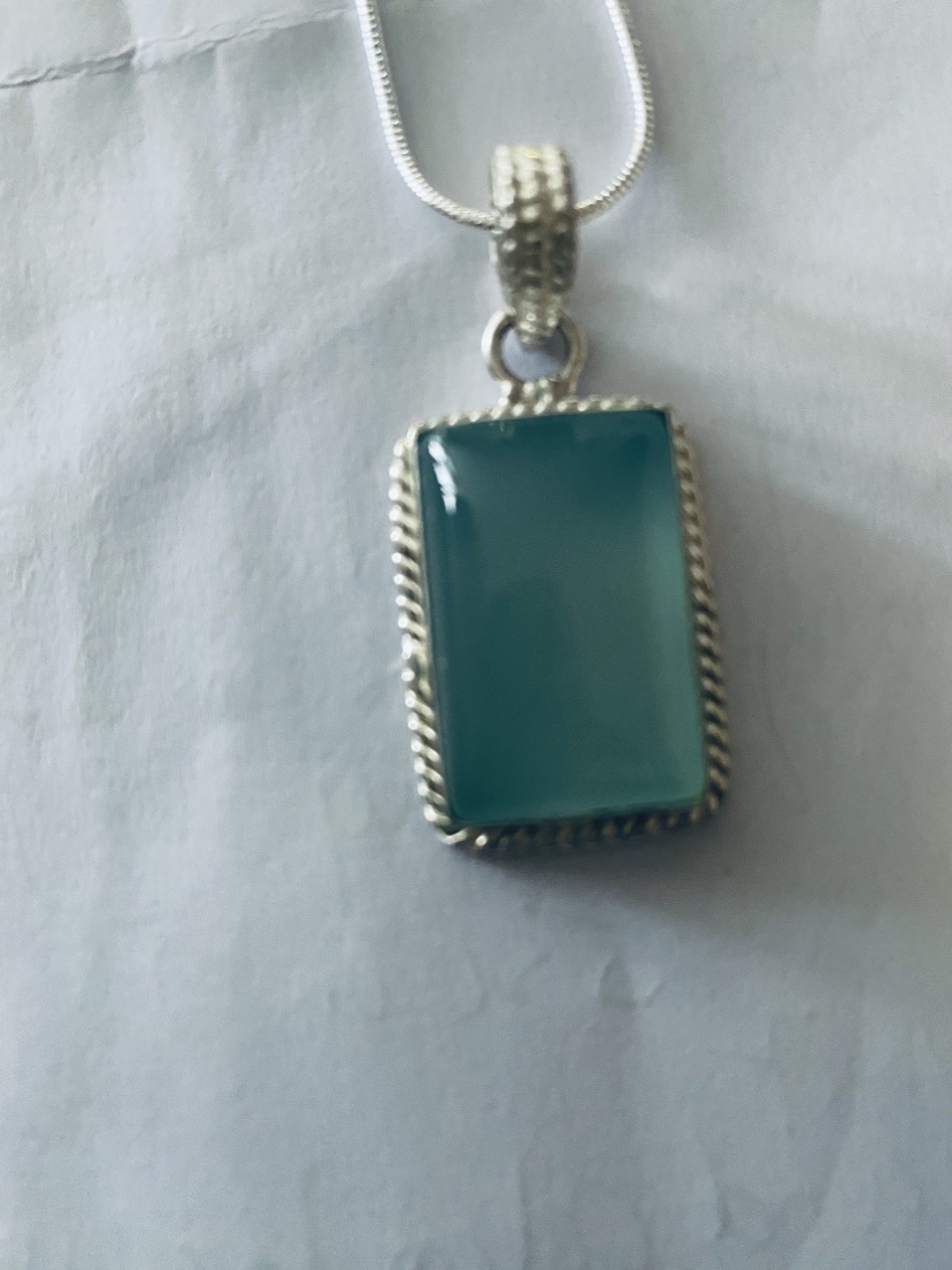 Vintage Aqua Chalcedony Big Pendant 925 Silver 20”chain.4x2cm UK Seller VGC