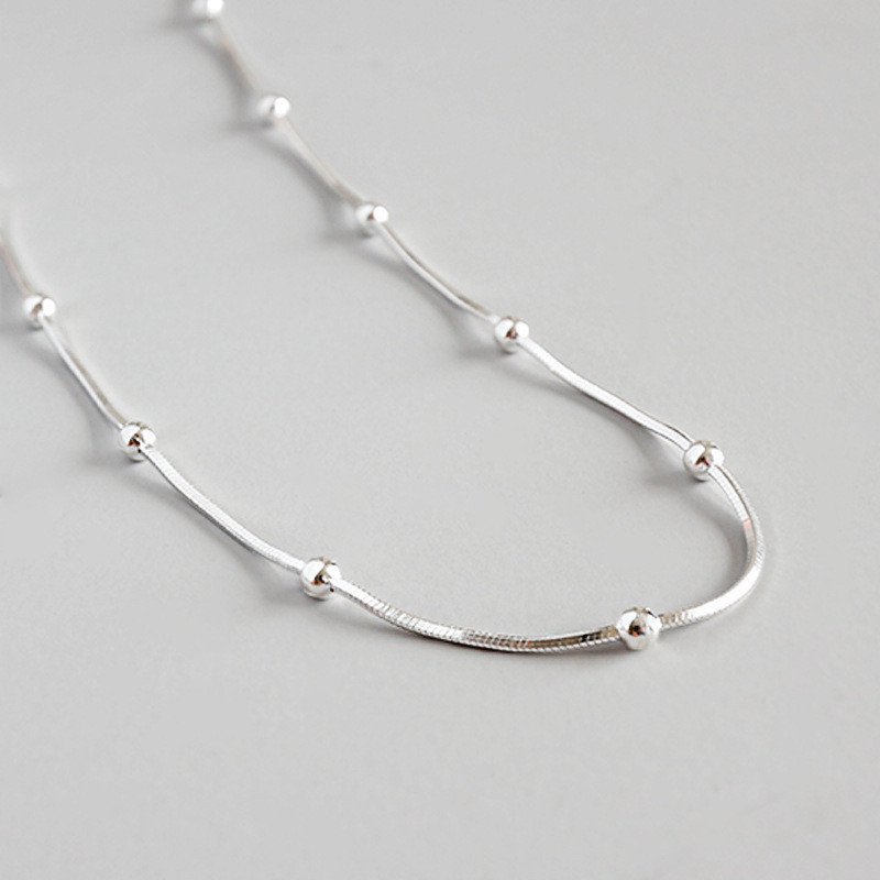 Woman Real S925 Sterling Silver Station Beaded Ball Necklace Snake Chain