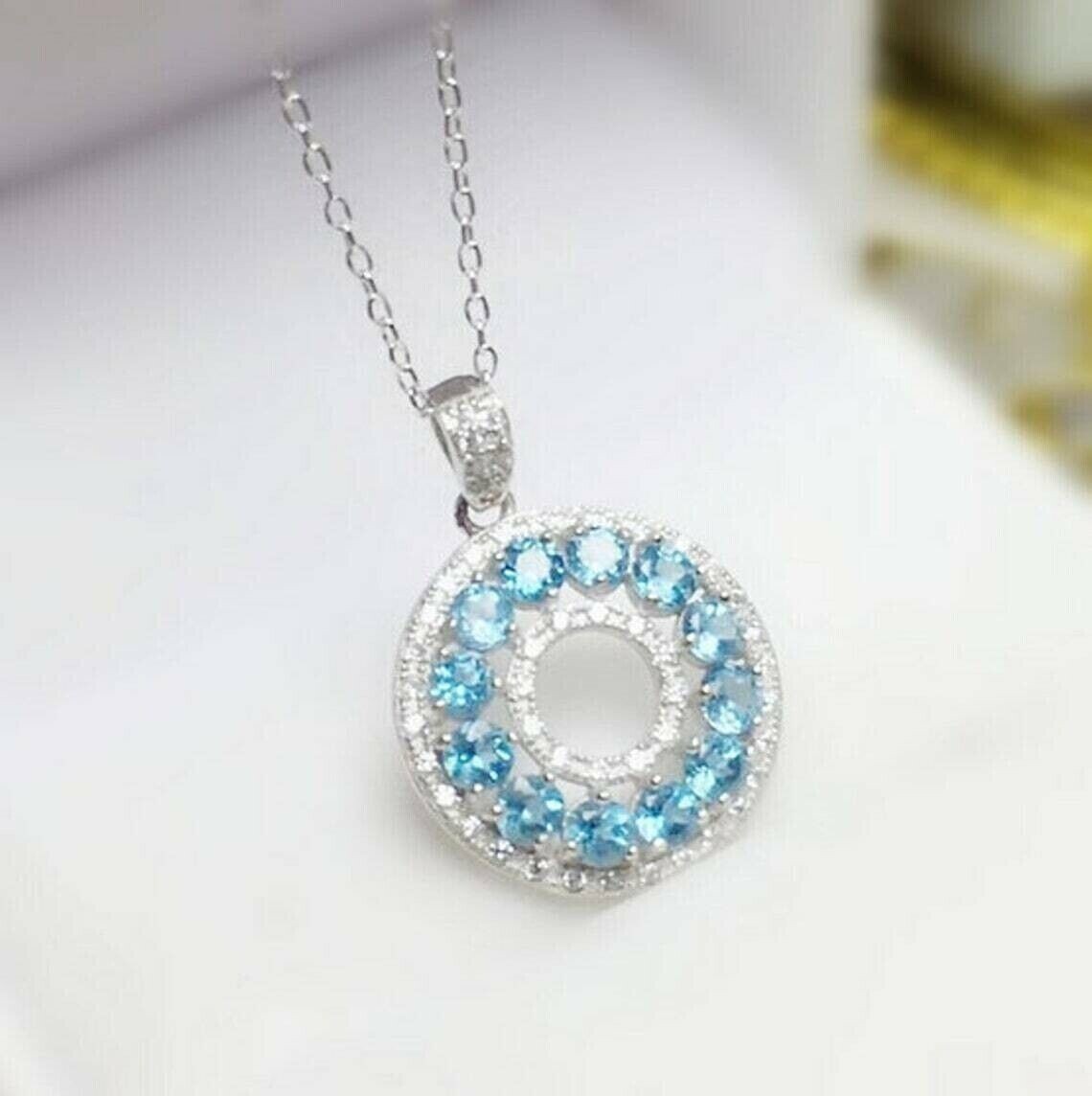 2.30Ct Round Lab-Created Blue Topaz Circle Pendant 14K White Gold Plated Silver