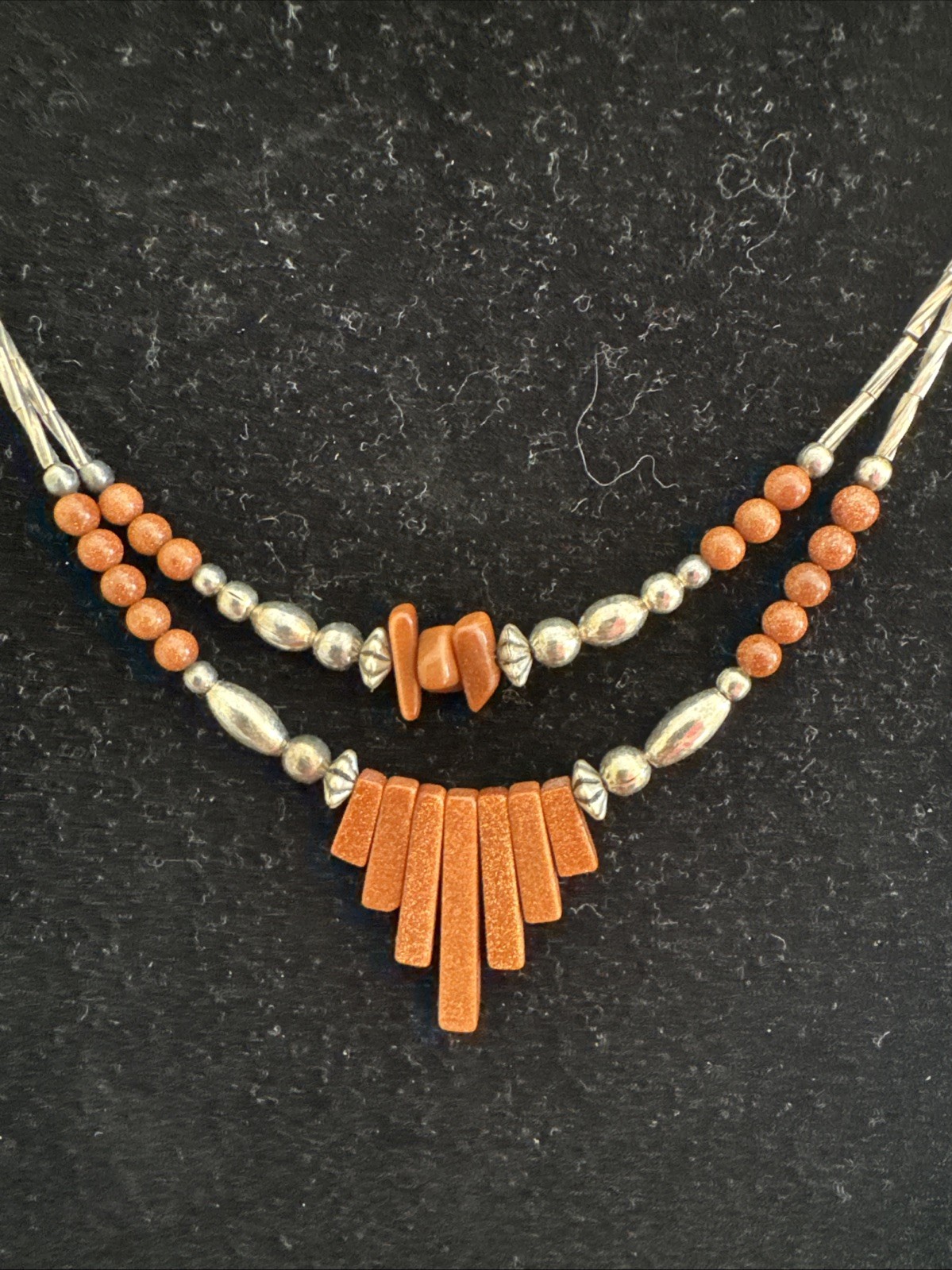Vintage Sterling Silver 925 Red Jasper Beaded Double Strand Necklace, 18.0in