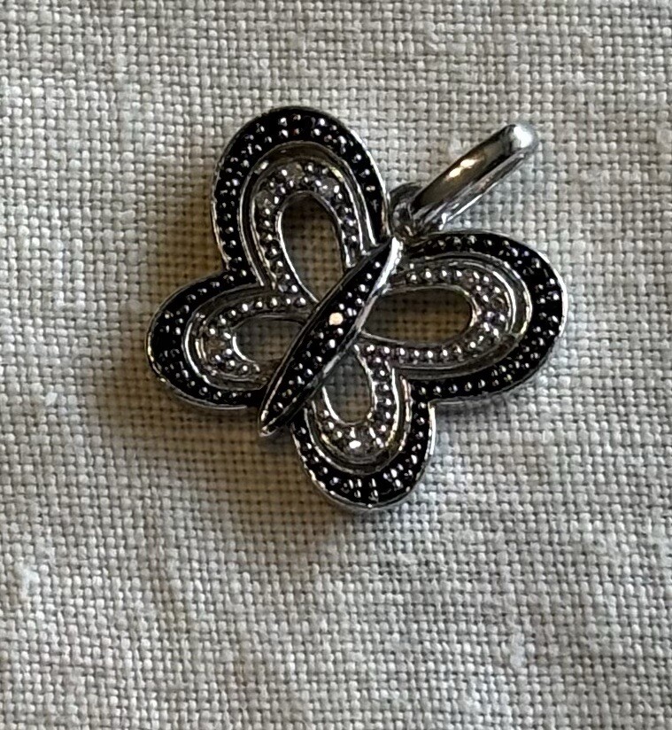 Butterfly Pendant/Charm In Sterling Silver and Black and White Diamond Accents