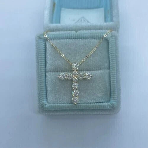 1.00Ct Lab Created Diamond Round Religious Cross Pendant 14K Yellow Gold Plated
