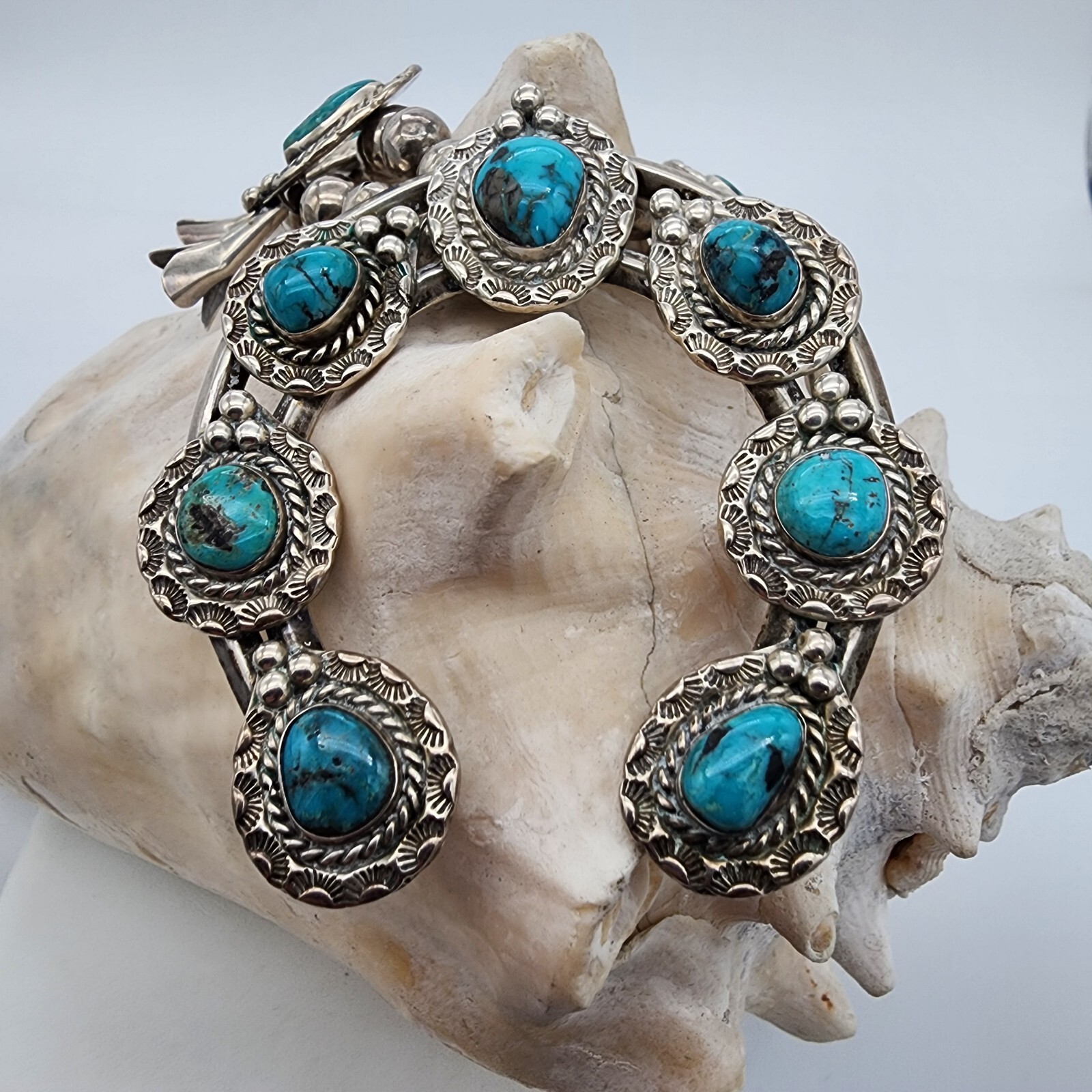 Sterling Silver 925 Navajo Calvin Desson Sleeping Beauty Squash Blossom Ag 24249