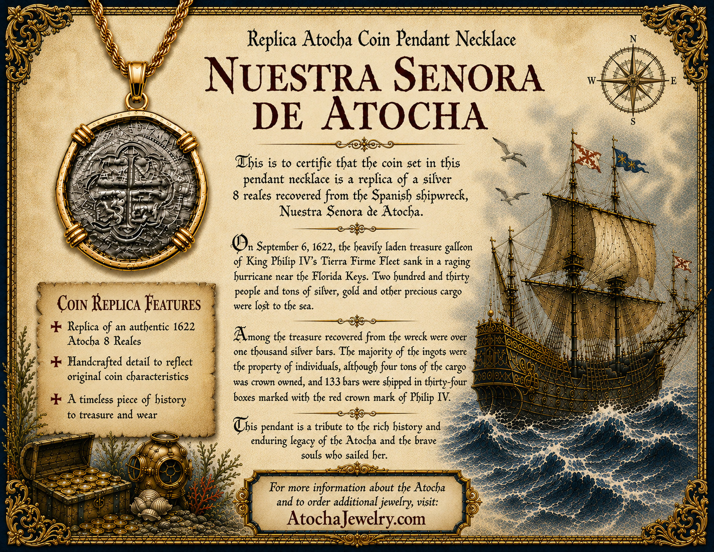 ATOCHA Coin Pendant Necklace Stainless Steel Replica w/ Gold Plated Rope Chain
