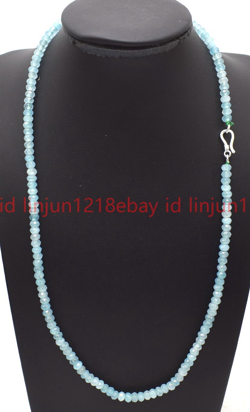 Natural 2x4mm Faceted Blue Aquamarine Rondelle Gemstone Beaded Necklace 16-28in